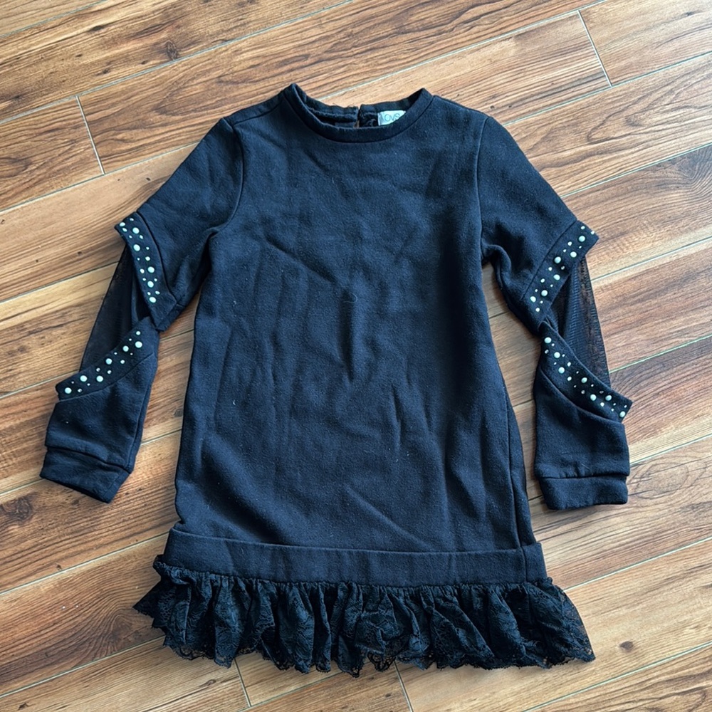 Girls Black Dress with Lace and Studded Sleeves